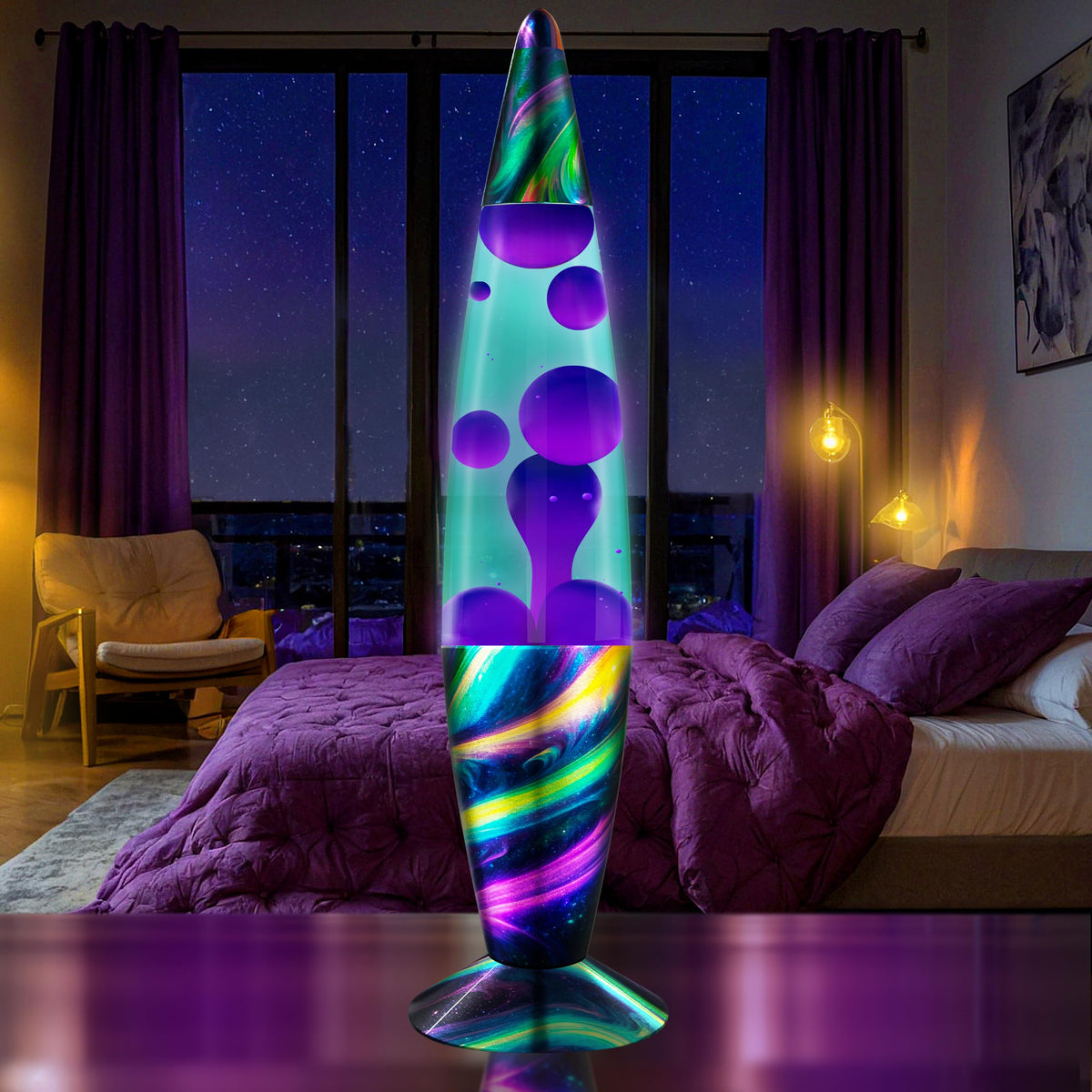 JAMBO 16" Beautiful Lamp- Teal with Purple Wax- Indigo Marble, Relaxing Liquid Light, Night Light Nightlight, Home Decor Living Room Office Bedroom Lamp for Adults Teens Kids, Magma Motion