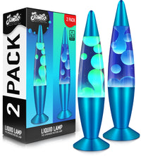 Two blue liquid lamps with colorful interior and their packaging on a white background