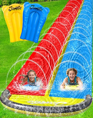 JAMBO 22.5ft Double Lane Slip Splash and Slide with 2 Bodyboards with Built in Sprinkler for Backyard Outdoor Water Fun for Kids