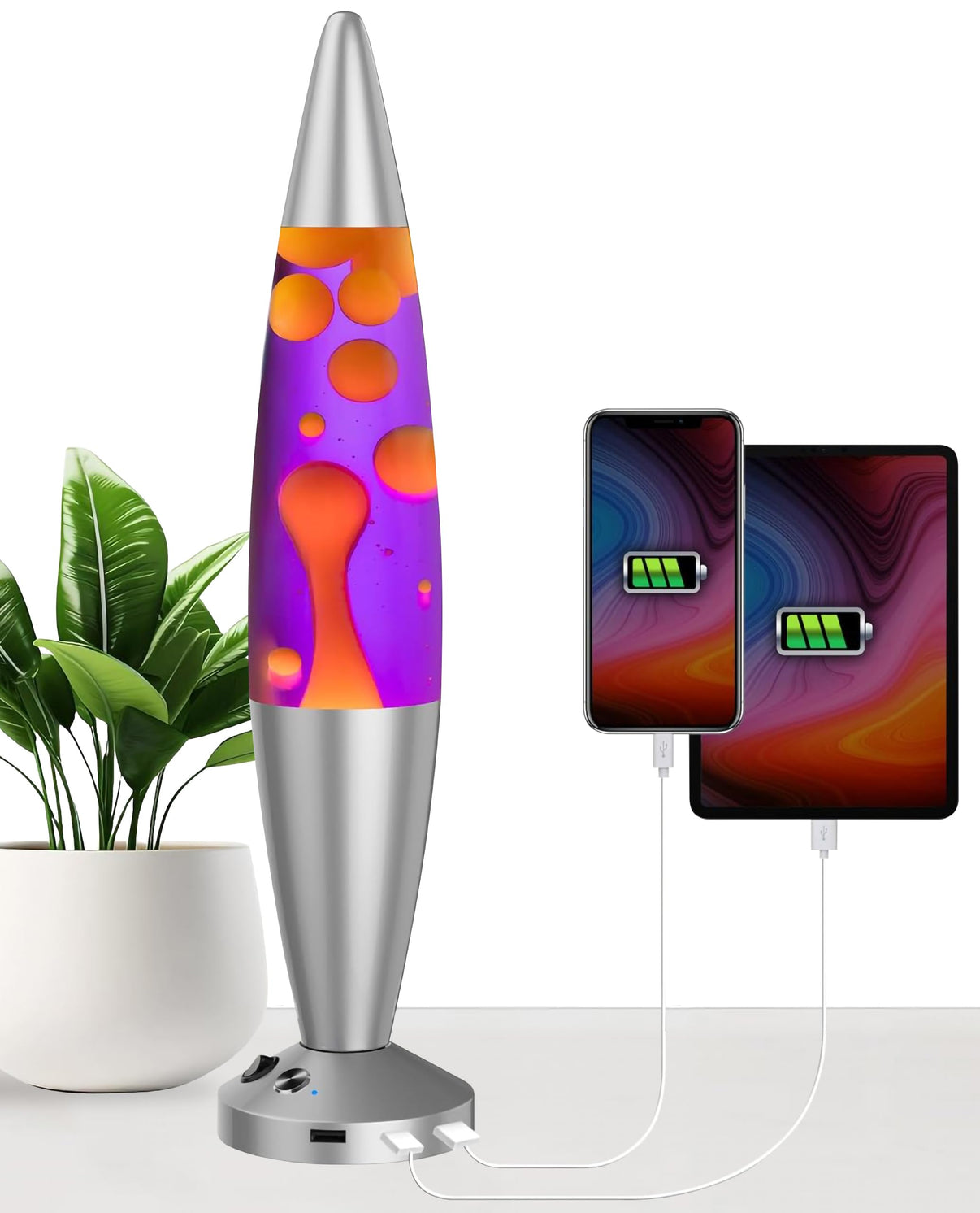 JAMBO USB Liquid Motion Lamp, Mood Lamp, Home Decor, Living Room Lamp, Calming Motion Light, Relaxing Night Light, Nightlight, 16" with USB, Auto Shut Off (Pink Base, Purple Liquid, Yellow Wax)