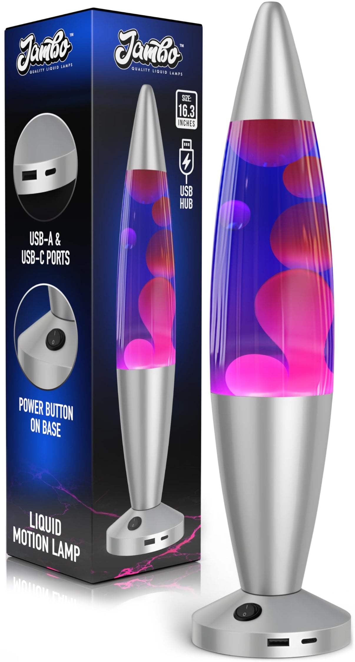 JAMBO Beautiful Liquid Lamp with USB Ports, 16" Motion Light with Blue Liquid Purple Wax, Relaxing Nightlight, Mood Light for Bedroom, Living Room, Office - Adults, Teens, Kids