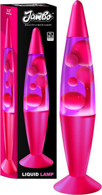 Pink lava lamp with a black box labeled 'Jambo' on a white background