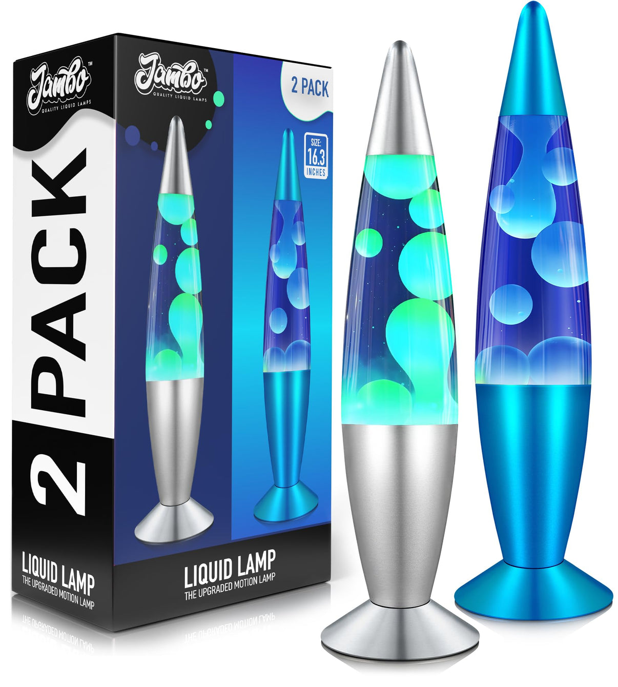 JAMBO 2 Pack- 16" Beautiful Lamp- Silver with Yellow/Green Wax and Blue with Blue/White Wax, Relaxing Liquid Lamp, Night Light Nightlight, Lamps for Adults Teens Kid