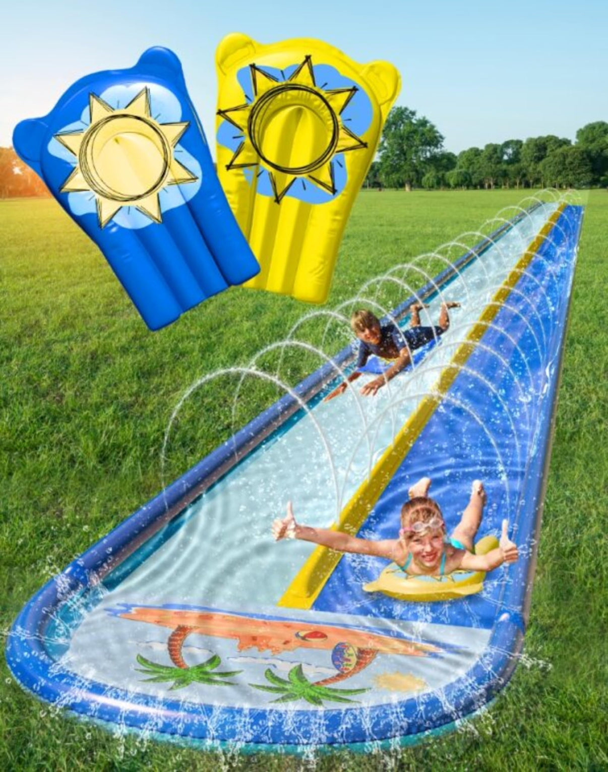 Jambo 20Ft XL Water Slide with 2 Bodyboards and Inflatable Bumpers, Heavy Duty Beach Water Slide, Splash Mat Water Sprinkler, Outdoor Water Toys, Summer Toy, Splash Pad