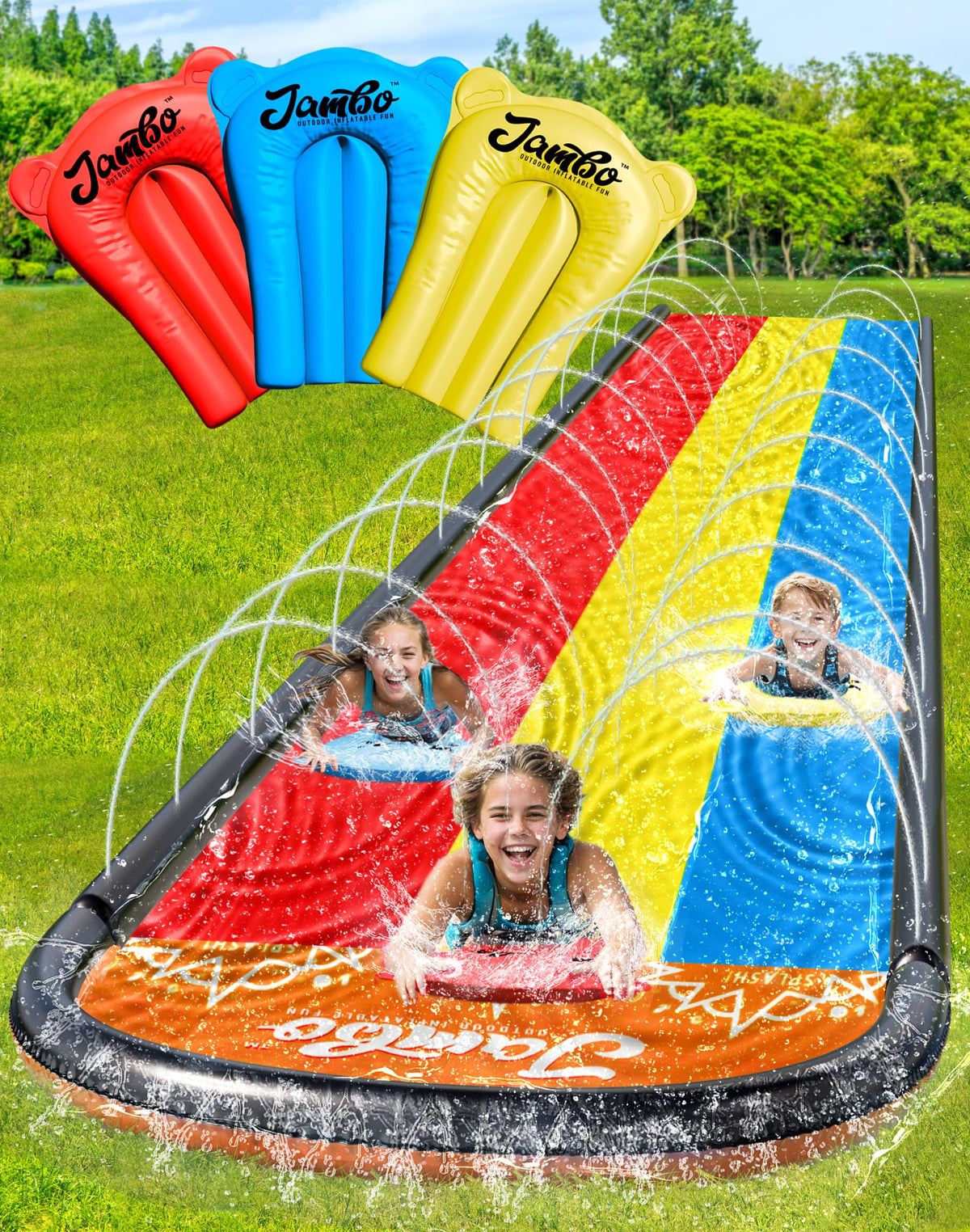 JAMBO 31.5Ft Extra Long Water Slide and 2 Bodyboards, Heavy Duty Slip Splash and Slide with Inflatable Crash Pad, Summer Water Toy Sprinkler, Backyard Outdoor Water Fun n Toys for Kids, Splash Mat
