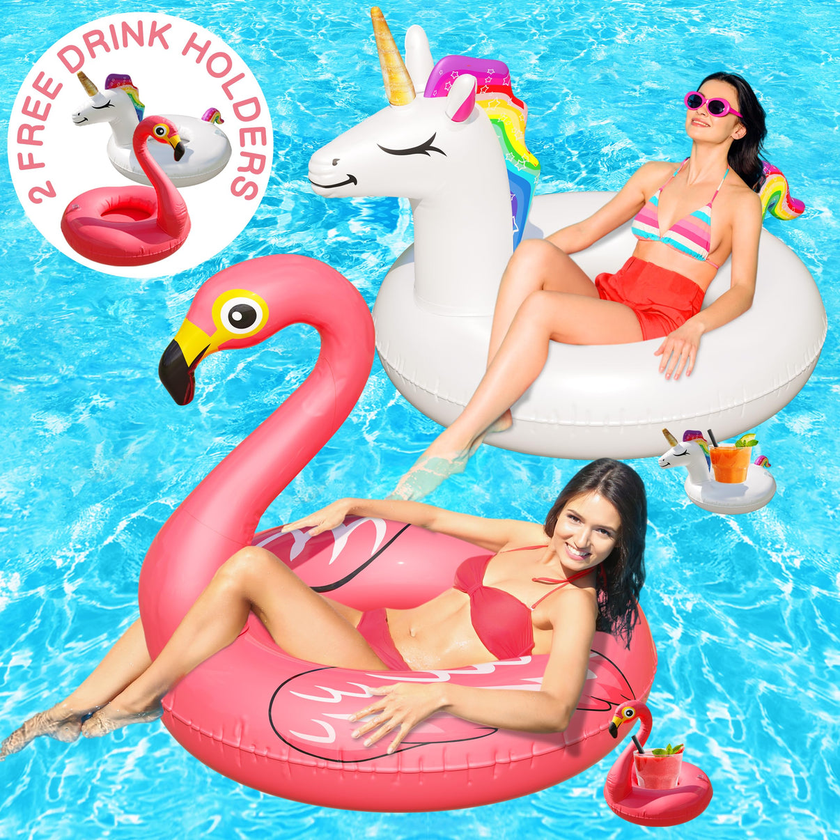 JAMBO Unicorn and Flamingo Pool Floats- 2 Pack with 2 Drink Holder Floats, Large Flamingo and Unicorn Tube Float, Adult & Teens, Inflatable Tanning Pool Toys, Tanning Pool Float, Tanning Float