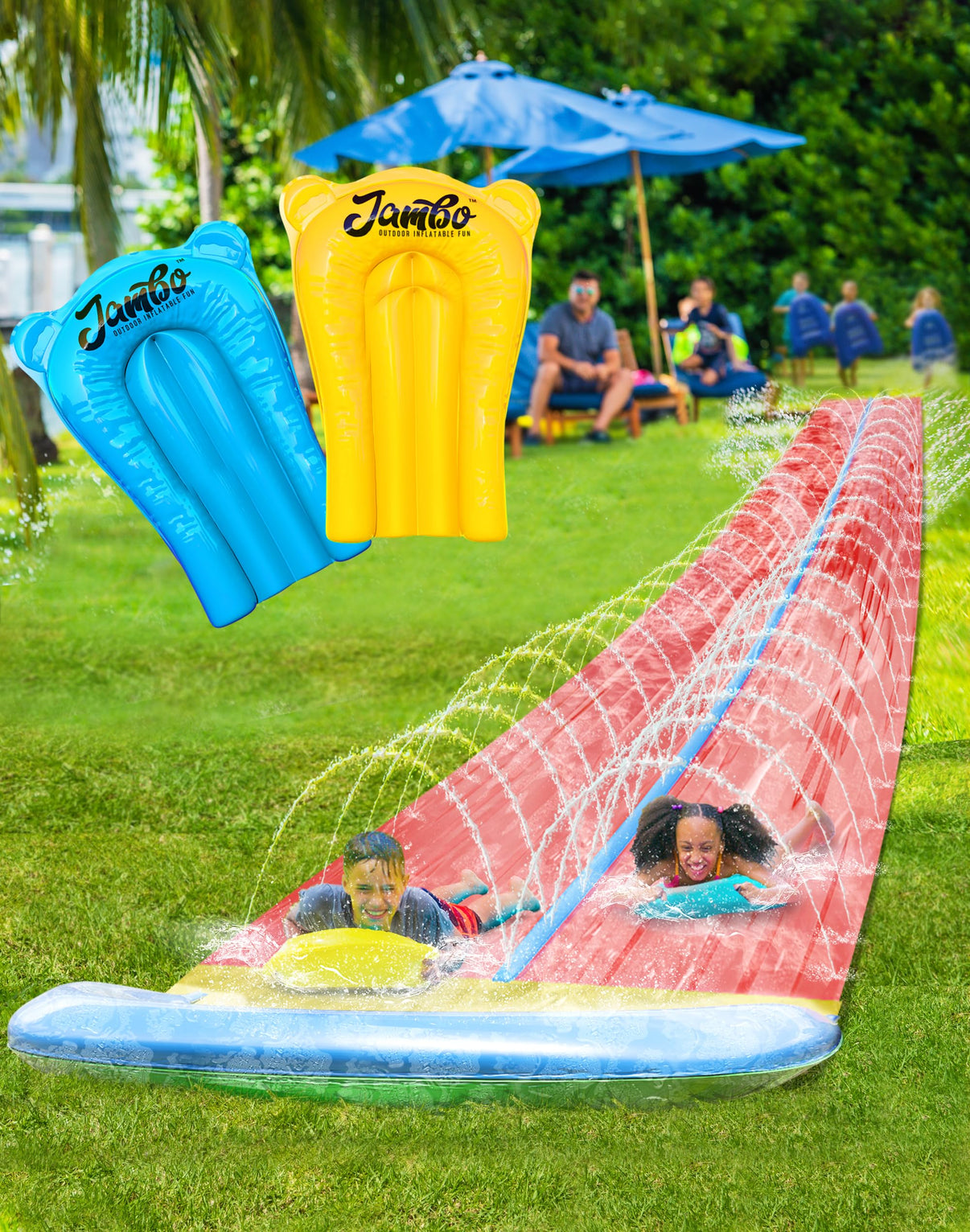 JAMBO 40 Ft 3XL Slip Splash and Slide with Inflatable Crash Pad (Double Lane, 40ft 3XL Mega Slide), Heavy Duty Water Slide Splash Mat Outdoor Water Sprinkler