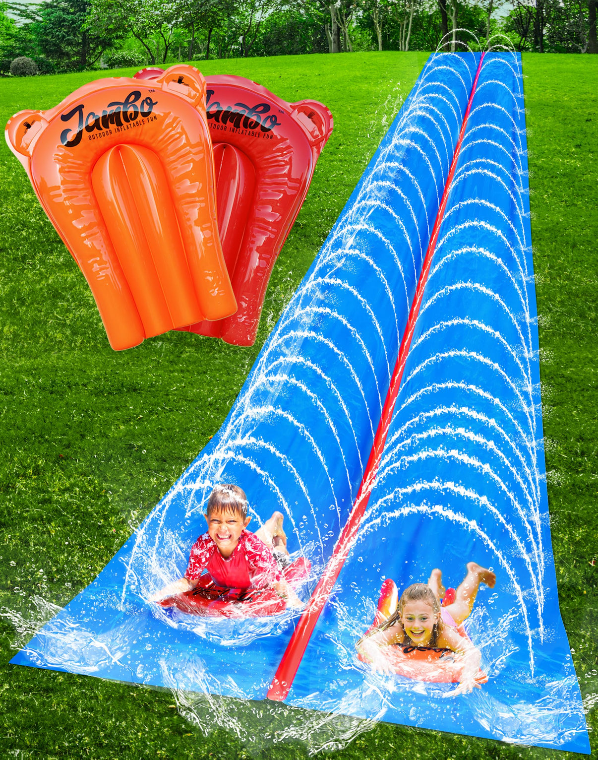 JAMBO 50Ft MEGA XXL Water Slide and 2 Bodyboards, Heavy Duty Slip and Splash with Inflatable Crash Pad, Long Summer Water Toy Sprinkler, Backyard Outdoor Fun n Toys for Kids