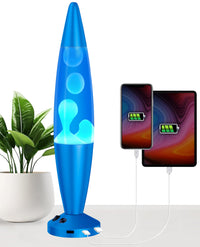 Blue lava lamp with a plant and two electronic devices on a white background